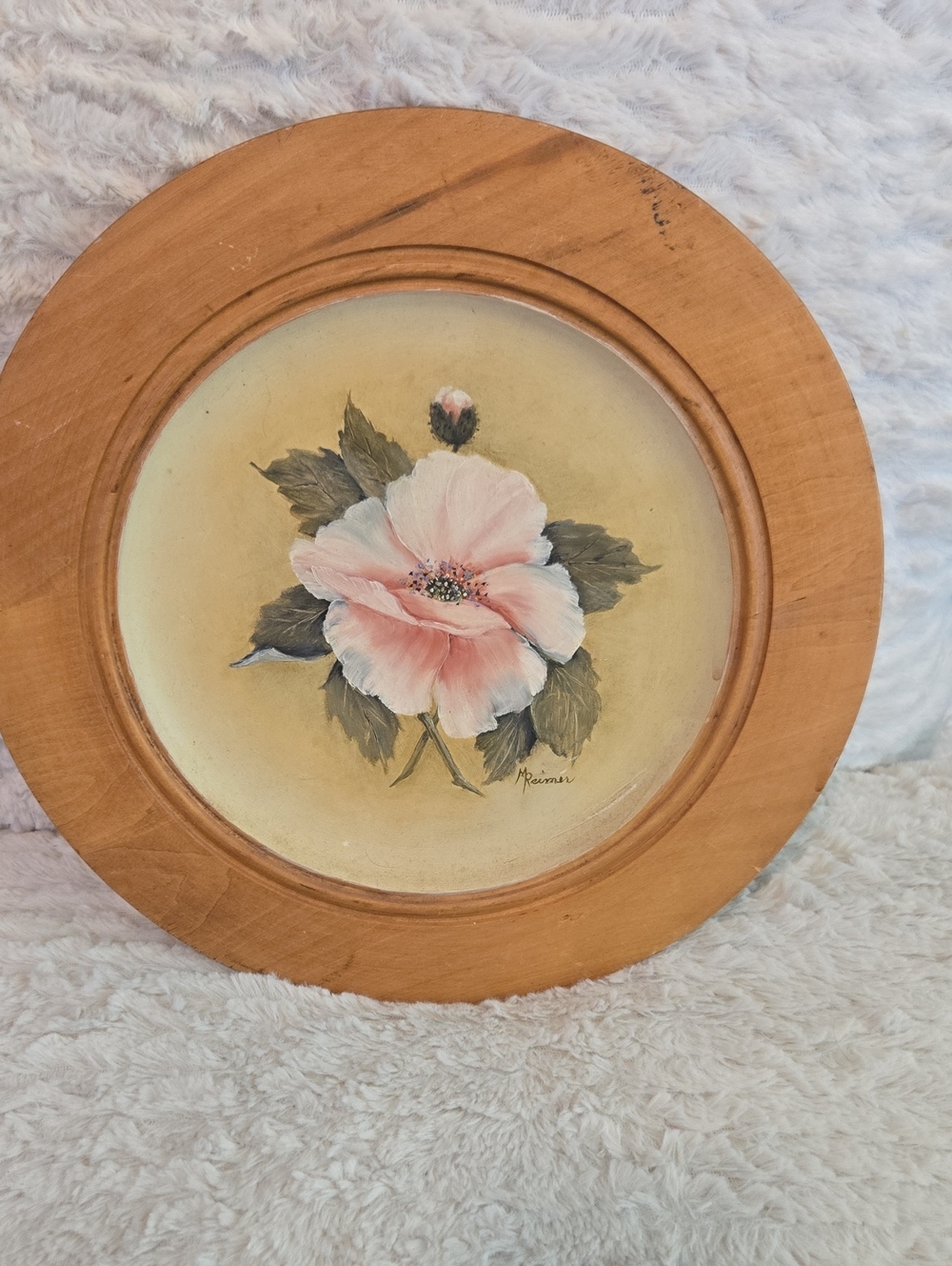 Hand-Painted Pink Flower Wall Plaque in Wood Frame